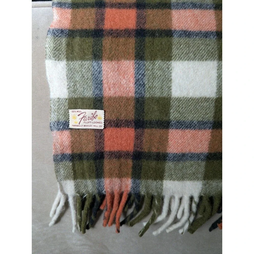 Vintage Faribo Fluff Loomed Wool Throw Blanket Orange Olive Green Plaid Fringe